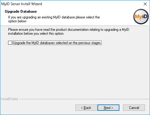 Installation upgrade database screen